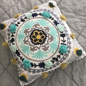 Anthro Teal Yellow Embroidered Pom pom Pillow